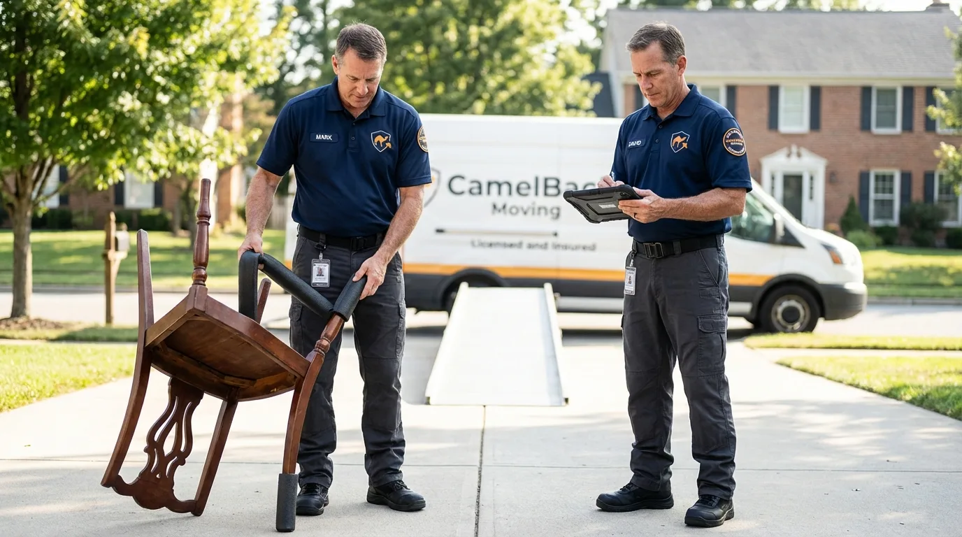 Movers inspecting furniture for damage prevention before loading in Flemingsburg, KY