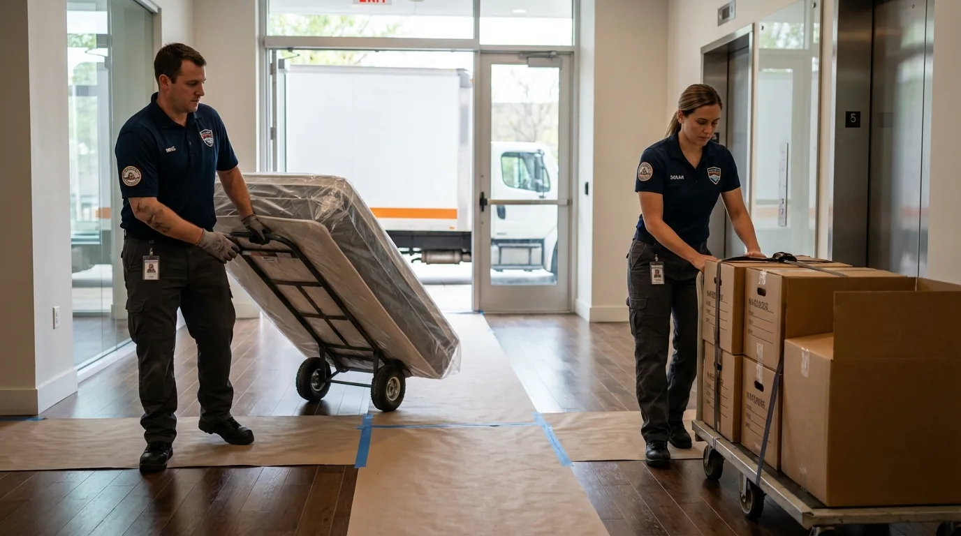 Professional apartment movers loading elevator in Flemingsburg, KY