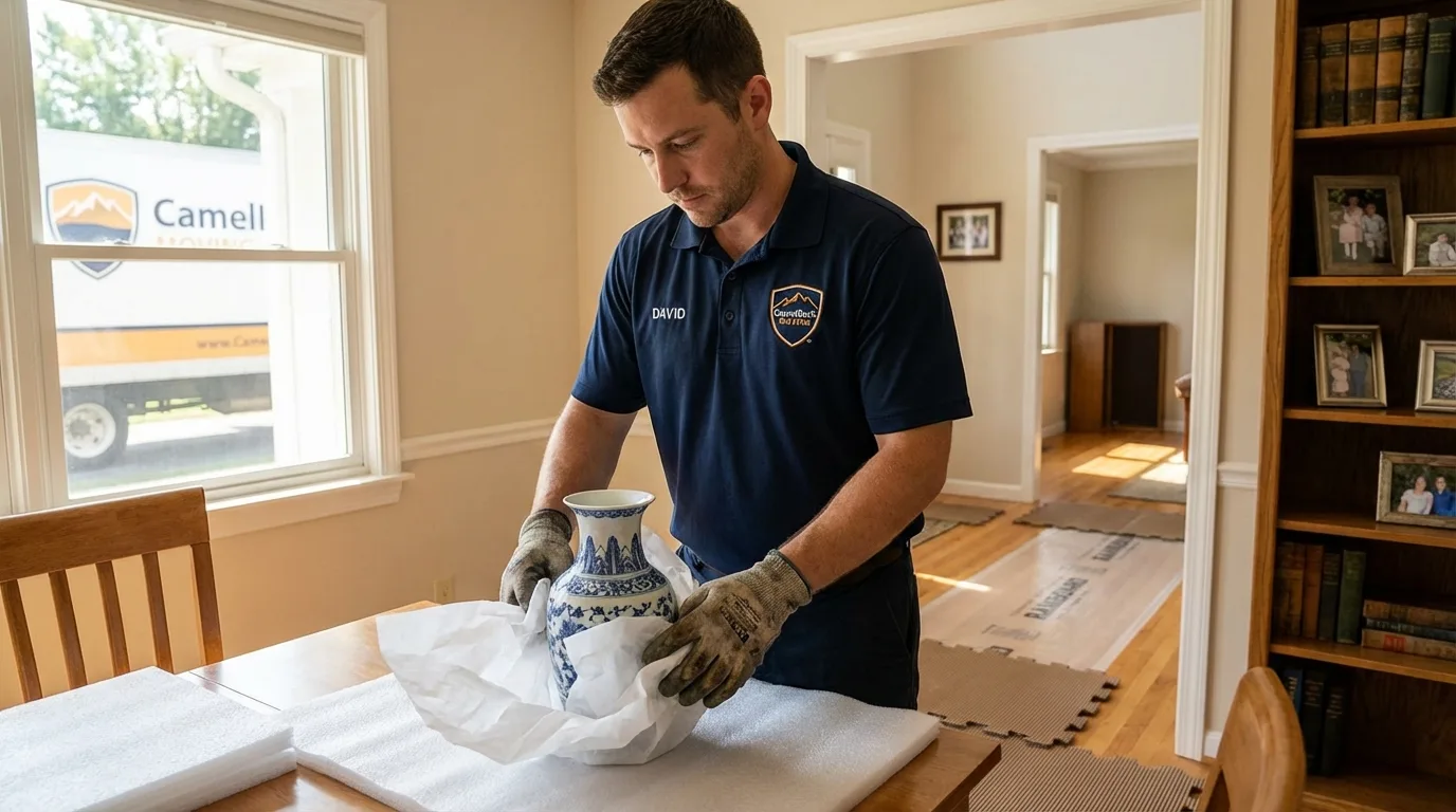 Professional crew carefully wrapping antique vase for senior downsizing move in Flemingsburg, KY
